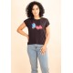 T- shirt De Malha Gola Canoa Manga Curta Preto Borboleta azul 