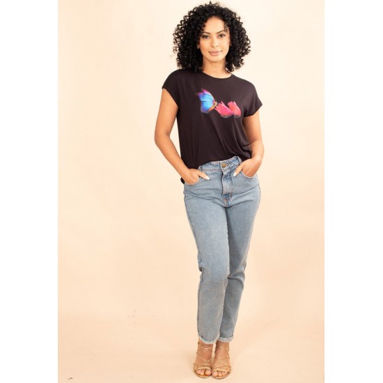 T- shirt De Malha Gola Canoa Manga Curta Preto Borboleta azul 
