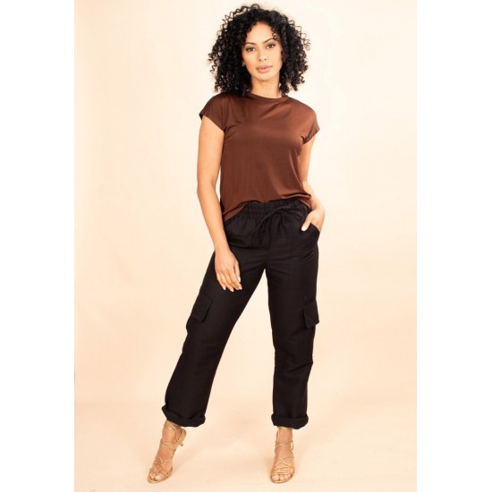 Blusa De Malha Gola Canoa Manga Curta Marrom