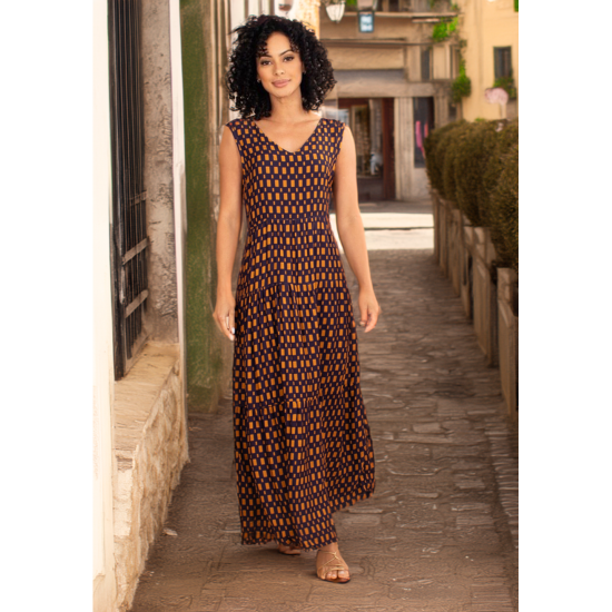 Vestido Regata Longo Peri Viscose Camadas Geométrica de Ouro Azul Marinho  