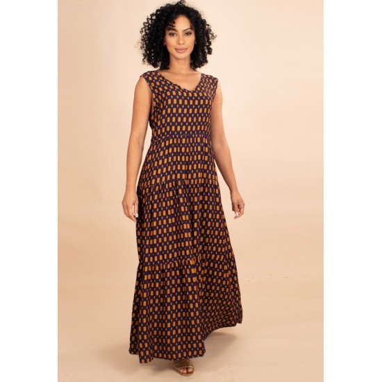 Vestido Regata Longo Peri Viscose Camadas Geométrica de Ouro Azul Marinho  