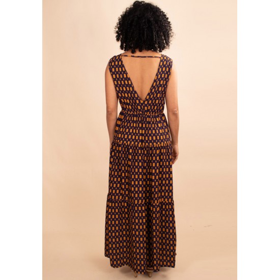 Vestido Regata Longo Peri Viscose Camadas Geométrica de Ouro Azul Marinho  