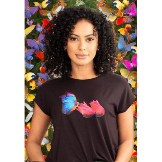 T- shirt De Malha Gola Canoa Manga Curta Preto Borboleta azul 