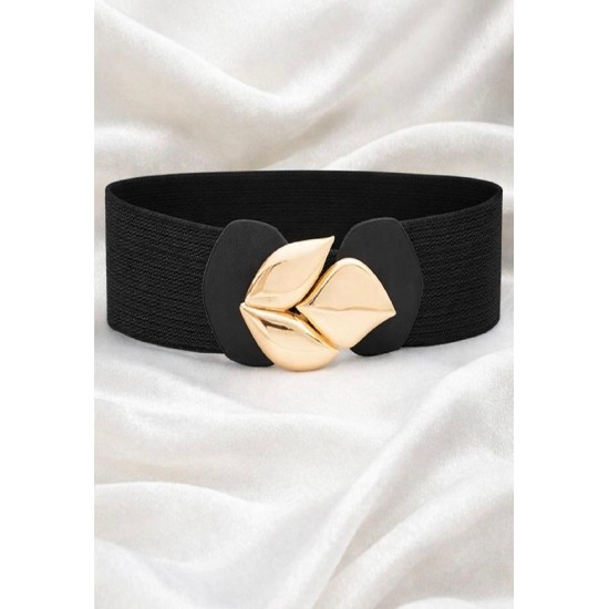 CINTO COM ELASTICO LARGO PRETO FIVELA FOLHAS DOURADAS DIVA