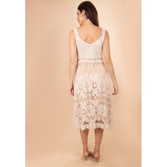 Vestido Curto Renda Filé Bege