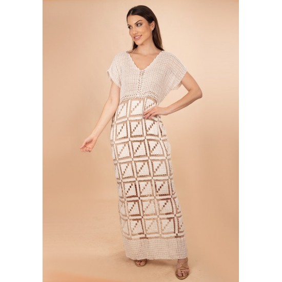 Vestido Longo Renda Filé Off White