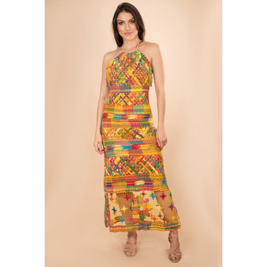 Vestido Longo Renda Filé Colorido
