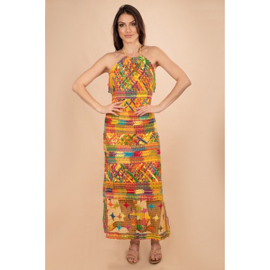 Vestido Longo Renda Filé Colorido