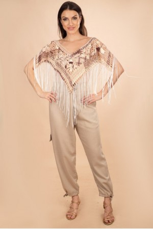 Poncho em Renda Filé com franja
