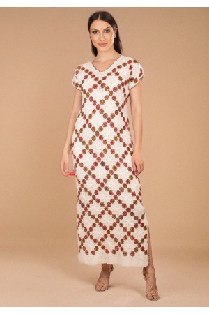 Vestido Longo Renda Filé Bege e Marrom