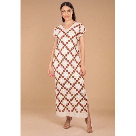 Vestido Longo Renda Filé Bege e Marrom