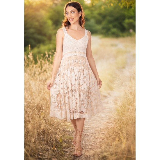 Vestido Curto Renda Filé Bege