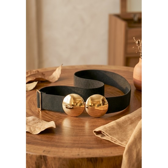 Cinto de Elástico Preto Fivela de Encaixe Dourado