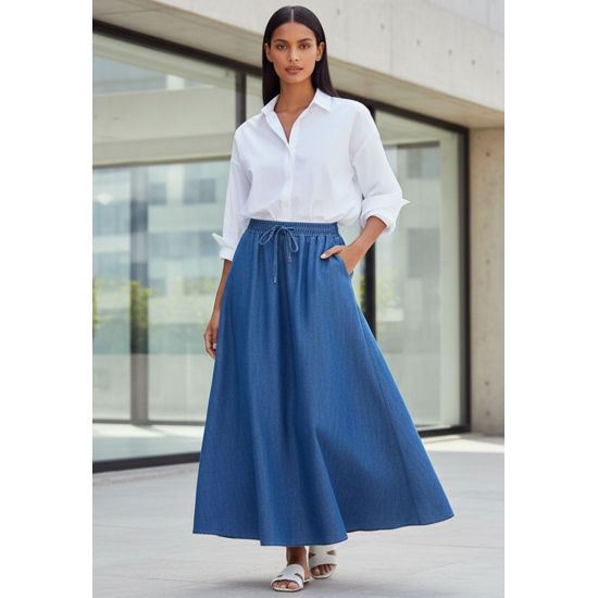 Saia Jeans Evasê com Bolso