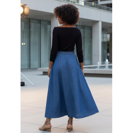 Saia Jeans Evasê com Bolso