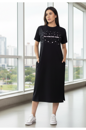 Vestido Midi Algodão Manga Curta Moda Evangélica Preto