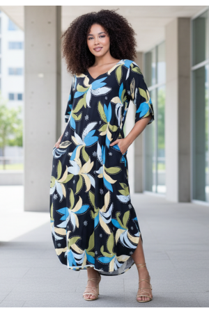 Vestido Midi Abapã Plano com Bolso Estampa Jardim Noturno