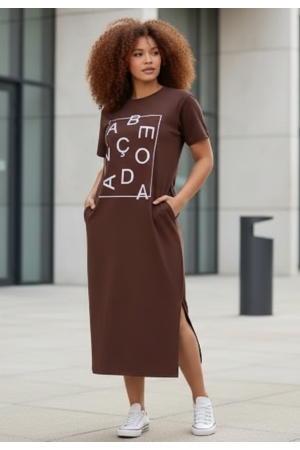 Vestido Midi Algodão Manga Curta Moda Evangélica Marrom