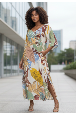 Vestido Midi Abapã Plano com Bolso Estampa Aurora Suave