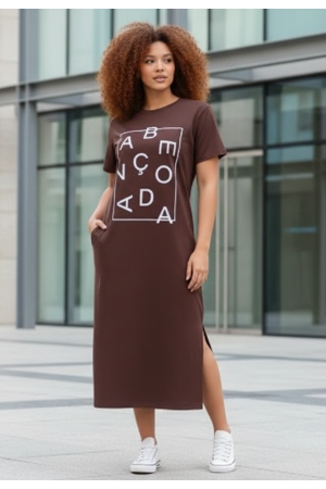 Vestido Midi Algodão Manga Curta Moda Evangélica Marrom