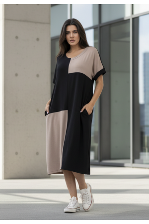 Vestido Terra Serena Midi Plus Areia Mineral e Preto