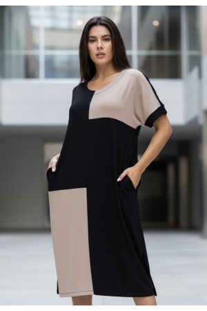 Vestido Terra Serena Midi Plus Areia Mineral e Preto
