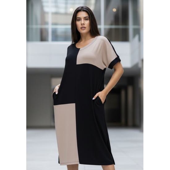 Vestido Terra Serena Midi Plus Areia Mineral e Preto