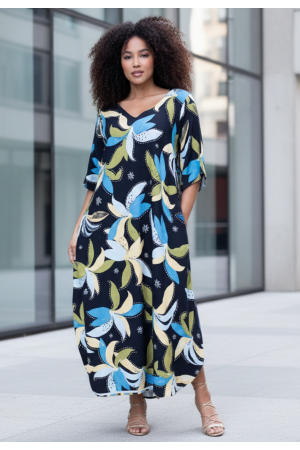 Vestido Midi Abapã Plano com Bolso Estampa Jardim Noturno