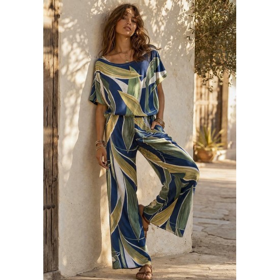 Blusa Básica Morcego Malha Gola Canoa Manga Curta Estampa Selva Azul