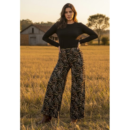 Calça Pantalona Granja Malha Estampa Folhagem