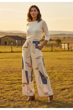 Calça Pantalona Elastic Estampa Creme Organic