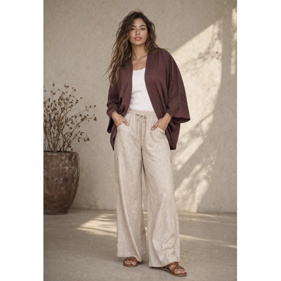 Kimono Algodão com Relevo Manga Ampla Marrom