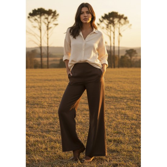 Calça Pantalona Kaolin Linho com Viscose Marrom