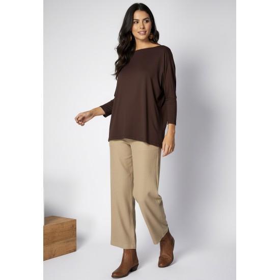 Blusa Canoa Malha Manga 3/4 Marrom