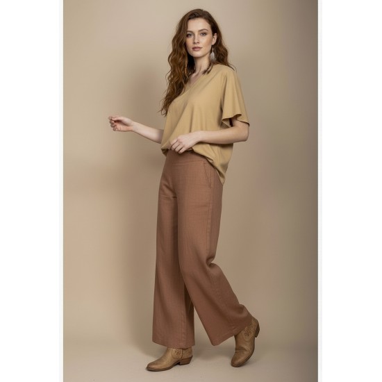 Blusa Gola V Manga Ampla Curta Bege