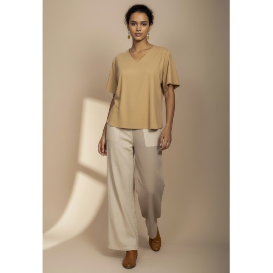 Blusa Gola V Manga Ampla Curta Bege