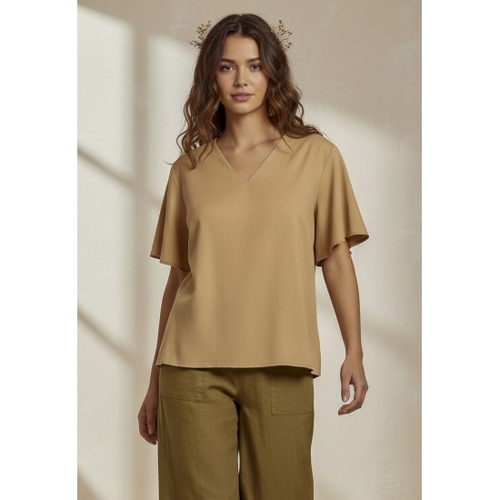 Blusa Gola V Manga Ampla Curta Bege