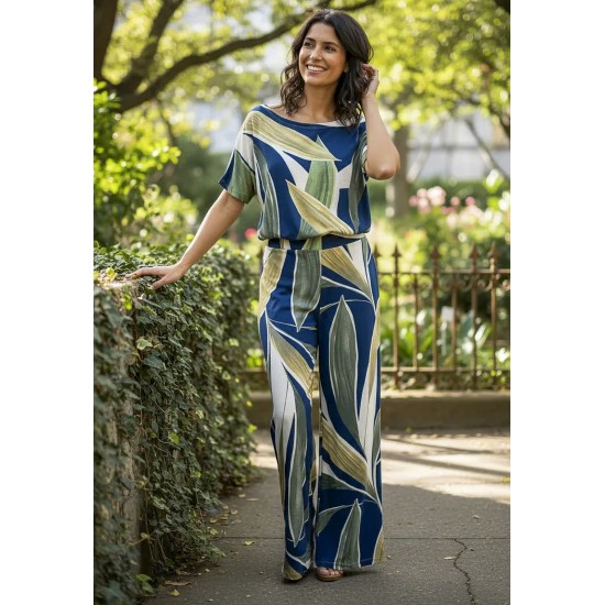 Calça Pantalona Granja Malha Estampa Selva Azul