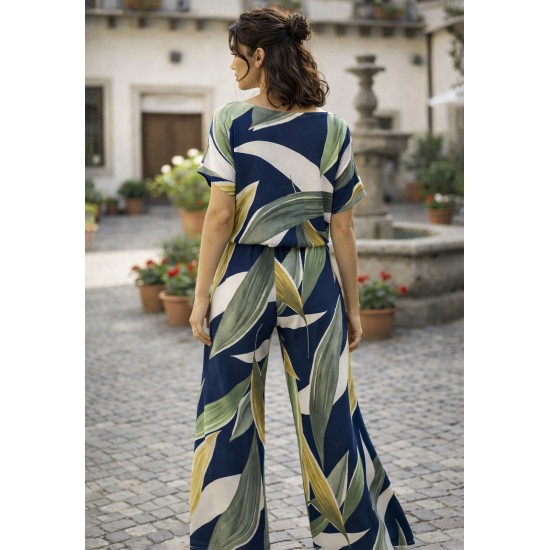 Calça Pantalona Granja Malha Estampa Selva Azul