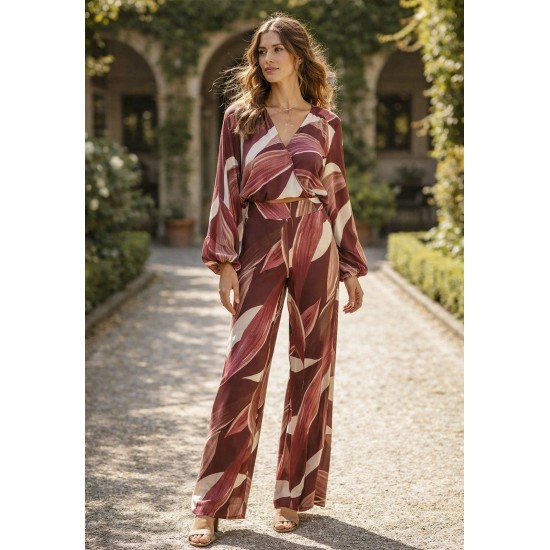 Calça Pantalona Granja Malha Estampa Selva Bordô