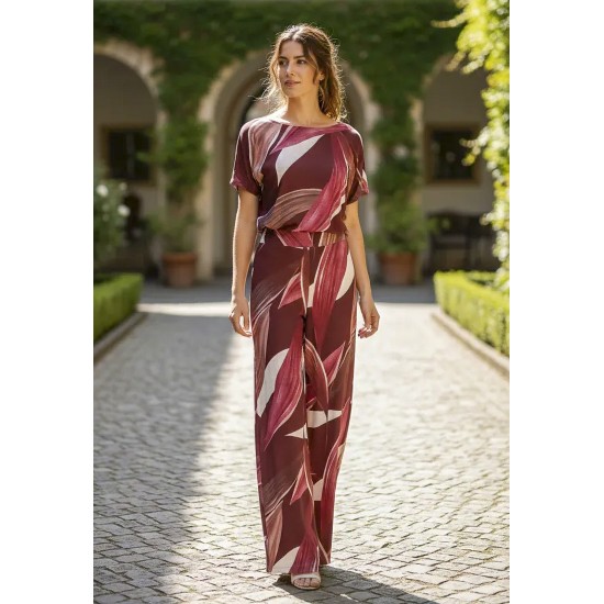 Calça Pantalona Granja Malha Estampa Selva Bordô