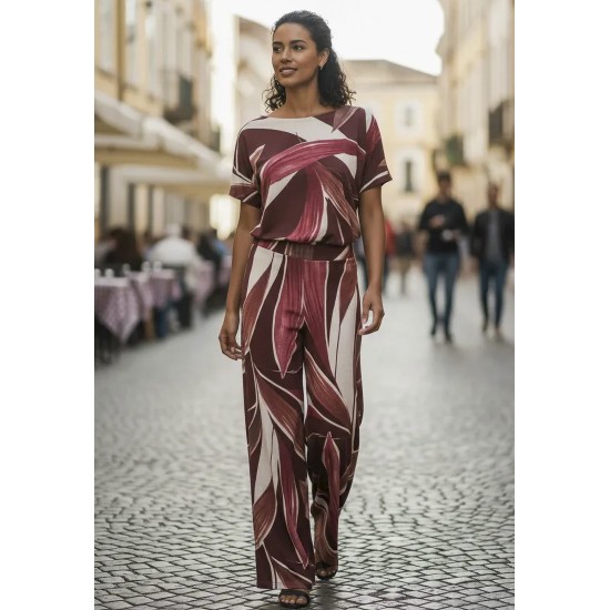 Calça Pantalona Granja Malha Estampa Selva Bordô