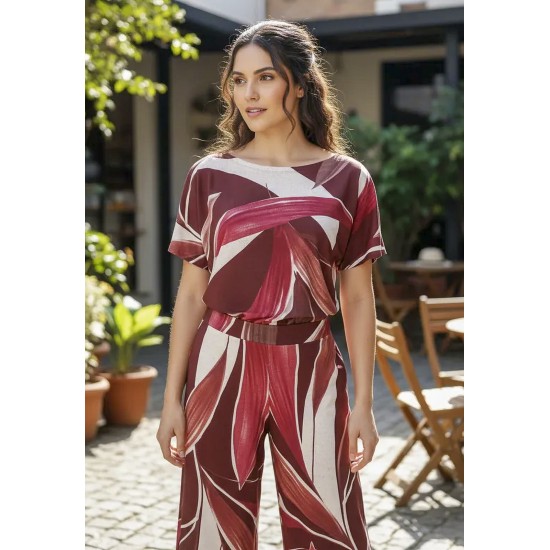 Calça Pantalona Granja Malha Estampa Selva Bordô