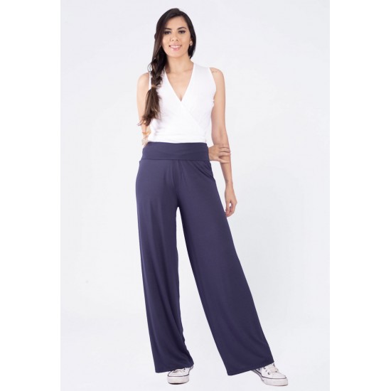 Calça Pantalona Reta Malha Cós Alto Azul Marinho