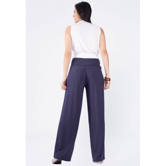 Calça Pantalona Reta Malha Cós Alto Azul Marinho