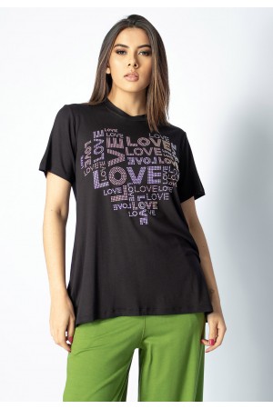T-shirt Pedraria Manga Curta Love Preta