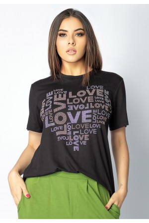 T-shirt Pedraria Manga Curta Love Preta