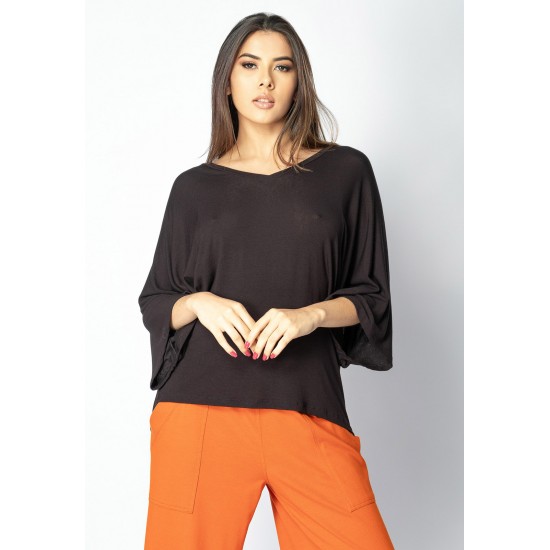 Blusa Ampla Morcego Guyrá Manga 3/4 Malha Preta