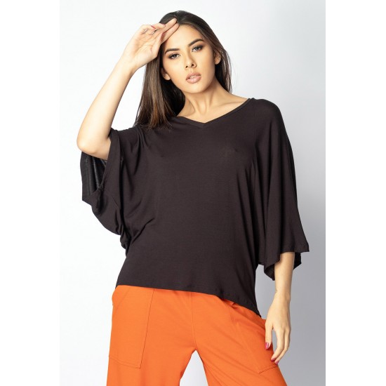 Blusa Ampla Morcego Guyrá Manga 3/4 Malha Preta