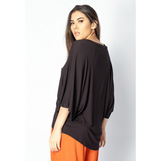 Blusa Ampla Morcego Guyrá Manga 3/4 Malha Preta